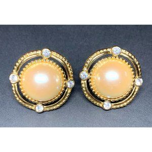 Ivana Earrings Gold Tone Pearl Rhinestones Vintage Clips